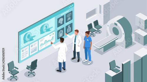 Isometric Doctors and Nurse Analyzing MRI and CT Scan Results on Large Digital Screen in Hospital