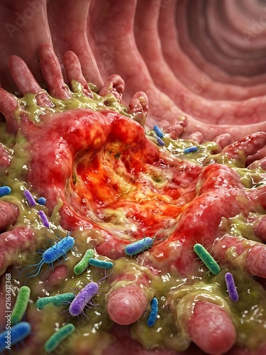 3d medical illustration depicting a severe intestinal ulcer surrounded by inflammation and various bacterial microorganisms
