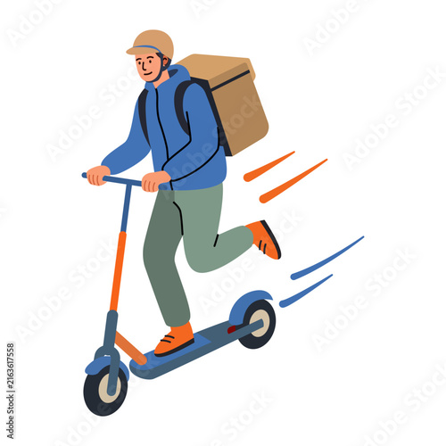 Delivery courier rider riding electric kick scooter carrying delivery backpack flat vector
