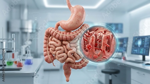 3d medical illustration of the human digestive system with a magnified view of intestinal villi and gut microbiota inside a laboratory setting