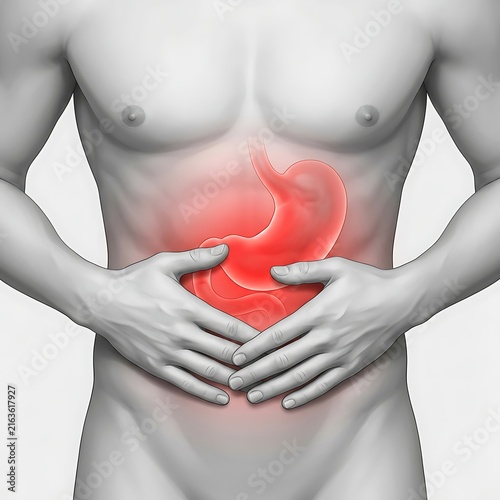 Illustration of a human torso with a highlighted stomach area indicating abdominal pain, digestive issues, or gastrointestinal discomfort, isolated on white background