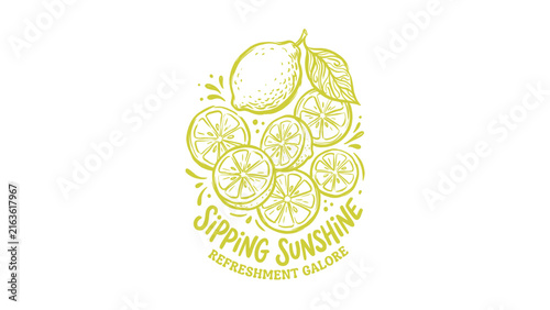Foto Hand-drawn citrus lemon illustration with slices and a whole fruit, featuring vintage hand-lettered text SIPPING SUNSHINE REFRESHMENT GALORE in a bright lime green color on white