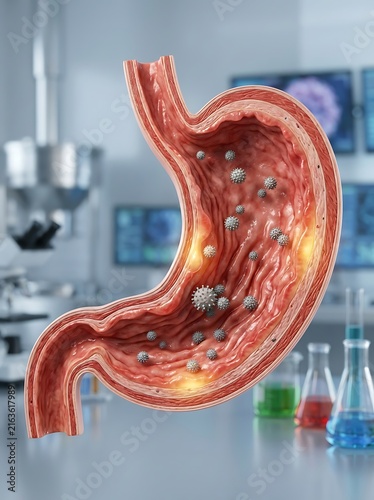 3d medical illustration of a human stomach crosssection with viral particles inside, set in a laboratory environment