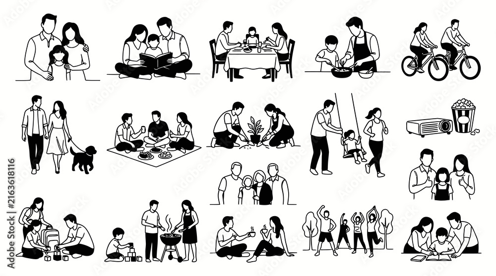 Fototapeta premium Diverse Family Activities Black and White Line Art Vector Stock Illustrations