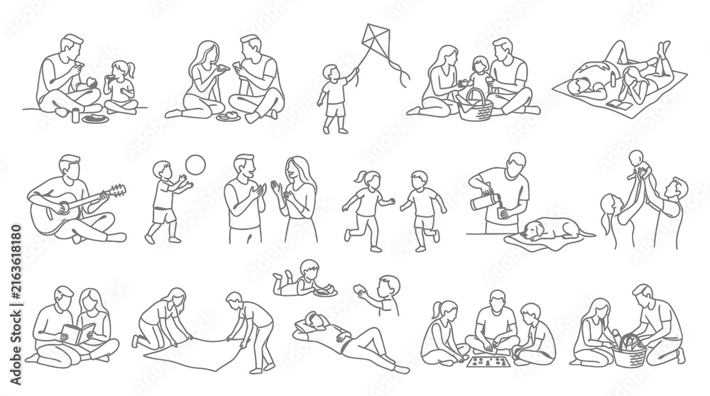 Fototapeta premium Family Lifestyle Leisure Activities Black and White Line Art Illustrations Collection
