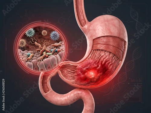 3d medical illustration of the human stomach showing a gastric ulcer caused by helicobacter pylori bacteria infection
