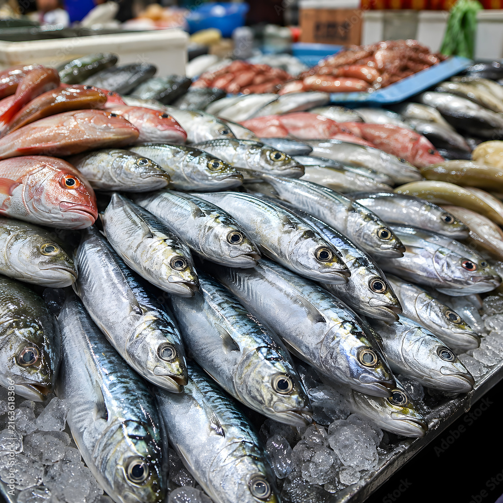 Obraz premium Fresh Fish Display at a Traditional Seafood Market