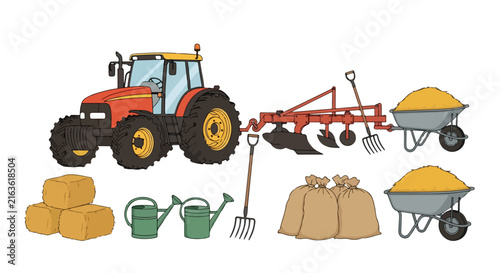 Agricultural tractor and farming equipment set, red tractor with plow and wheelbarrow, organic farm tools and hay bales vector