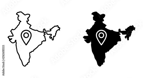 India Map Location Pin Icons, Country Outline Navigation Symbol, Travel Destination Marker