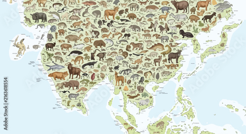 Illustrated animal map of Asia, vintage wildlife world map vector, educational nature poster with diverse Asian fauna