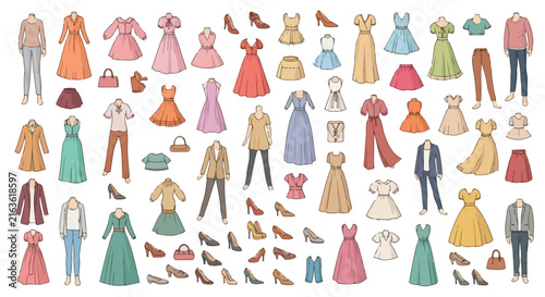 Fashion clothing collection, hand drawn female apparel set, stylish women's wardrobe icons, vector garment illustrations for retail