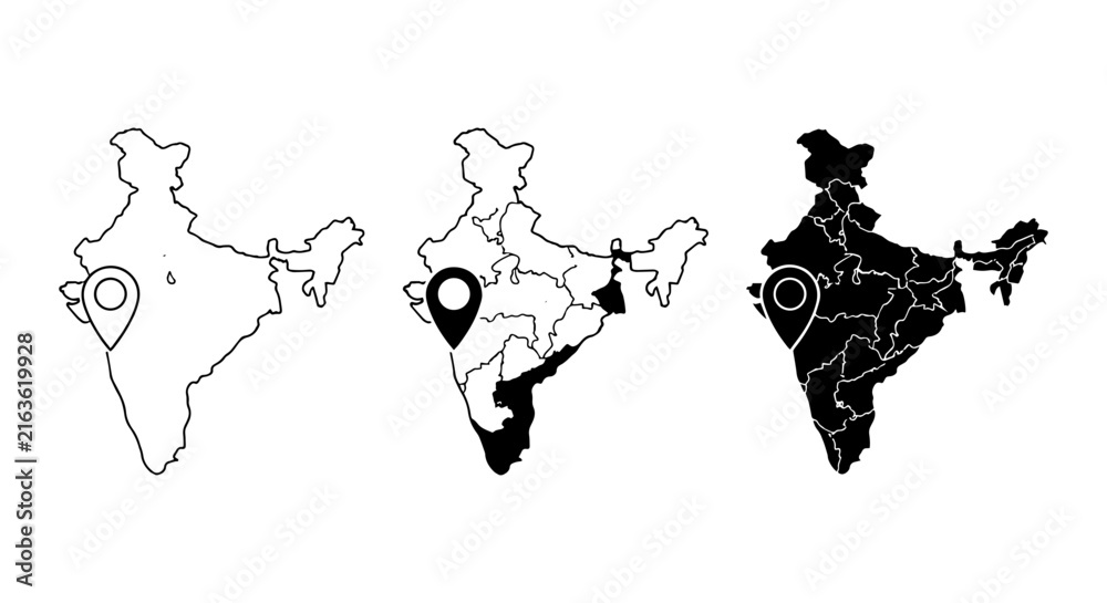 Fototapeta premium India Map Icons, Location Pin Set, Geographic Outline Vector Graphics
