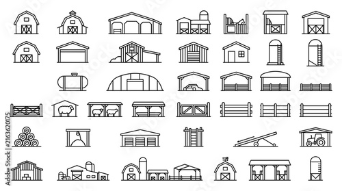 Foto Agricultural Barn and Rural Farm Building Line Icon Set Featuring Livestock Shed