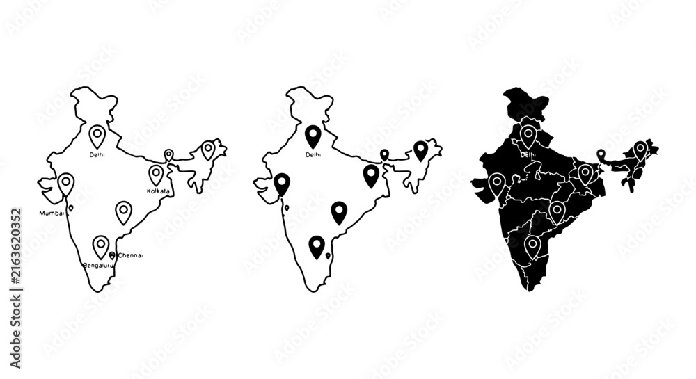 Obraz premium India Map Icons Set: Location Pins on Country Outline, Silhouette, and Detailed Vector Graphics