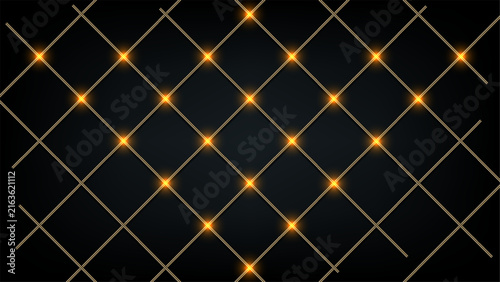 Abstract Luxury Gold Geometric Background with Diagonal Grid Lines and Glowing Lights on Dark Surface