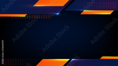 Abstract futuristic background with dark blue neon gradients vibrant orange glowing geometric shapes and tech light flare effects frame banner template, gaming esports header presentation