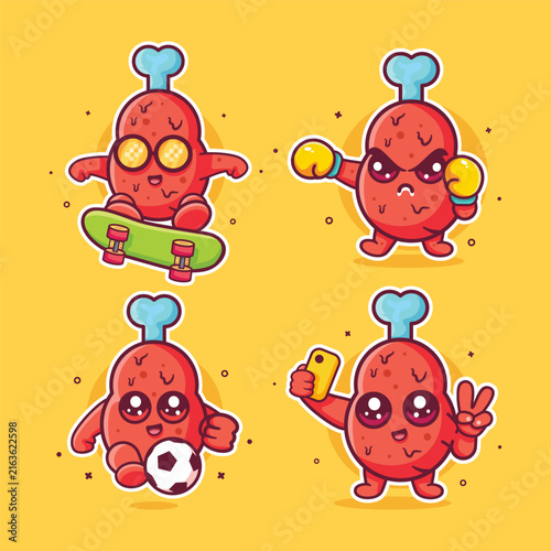 Cute fried chicken leg drumstick mascot cartoon illustration set, featuring skateboarding, boxing, football, and taking selfie