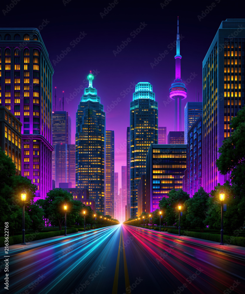 Naklejka premium Cinematic downtown Toronto skyline at night with illuminated skyscraper, tower, avenue, and colorful light trails