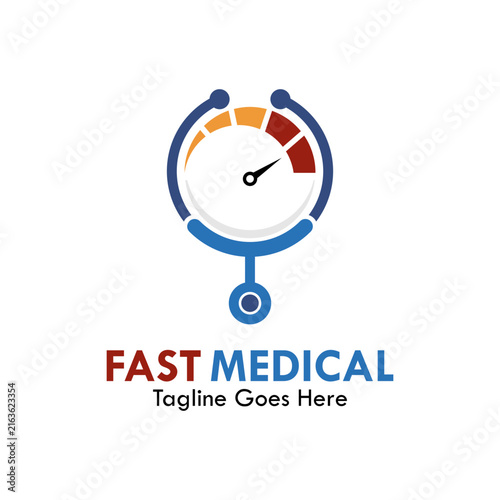 Fast medical vector logo template combining a stethoscope and a speedometer gauge, symbolizing quick healthcare, emergency response, and fast clinical services.