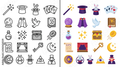 Bild auf Leinwand Collection of magic and illusion icons, both in outline and colorful versions, representing various elements of a magician's performance