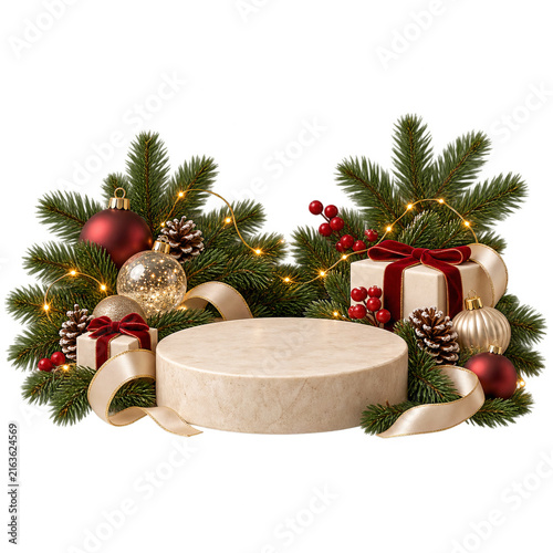 Elegant Christmas Product Podium with Festive Decorations
