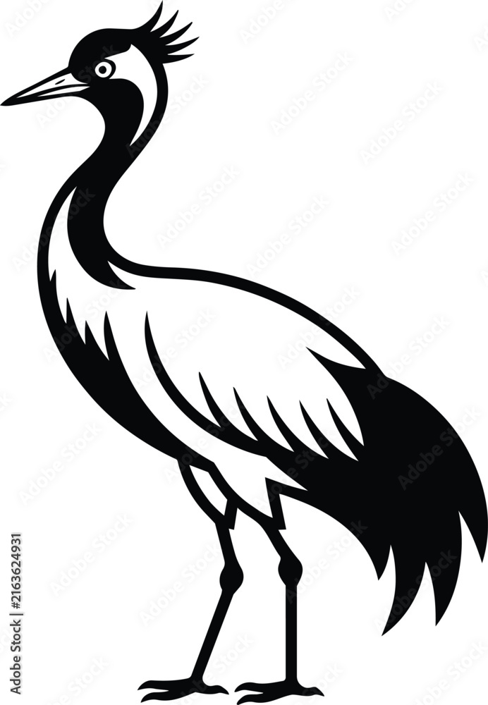 Naklejka premium Red-crowned crane China silhouette, majestic wild bird standing in profile, traditional East Asian nature symbol in clean black ink on isolated white