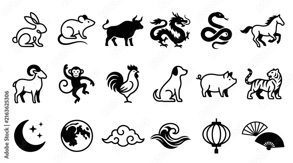 Obraz premium Chinese Zodiac Animals Vector Icon Set Black and White Line Art