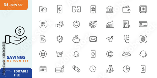 Savings and Personal Finance Line Icons Set – Editable Outline Vector Icons for Banking, Money, Investment and Financial Services