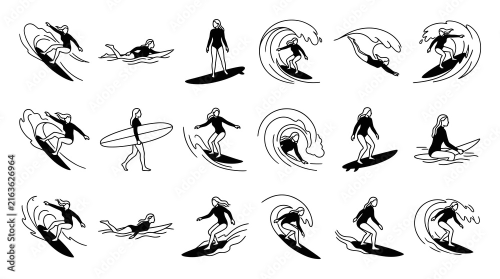 Obraz premium Black and White Line Art Surfer Woman Icon Set on White Background