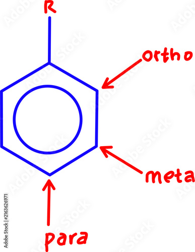 Фотография Organic chemistry diagram of a mono-substituted benzene ring with the R substituent, illustrating the ortho, meta, and para positions with red arrows