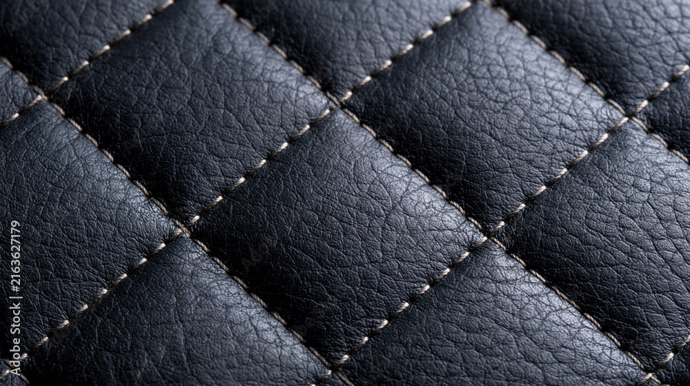 Naklejka premium Black quilted leather texture with diamond stitching, dark material surface showing detailed grain and padded geometric pattern