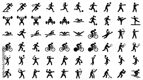 Comprehensive set of sixty black minimalist stick figure icons depicting diverse sports disciplines including running, swimming, cycling, weightlifting, soccer, tennis, and boxing.