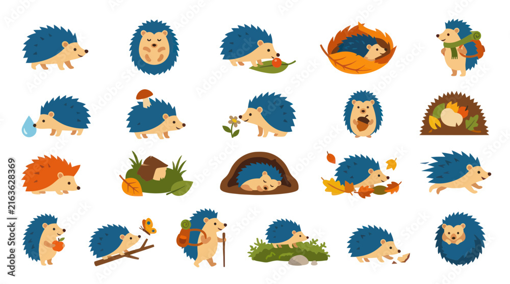 Obraz premium Flat Design Cute Hedgehogs Collection in Autumn Theme