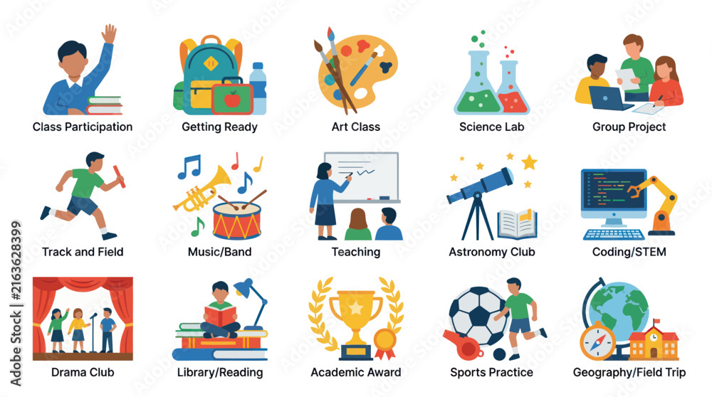 Naklejka premium Educational Activities Flat Icons: School Subjects, Sports, Arts, STEM