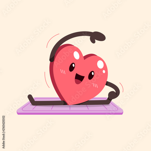 Cute heart character doing leg raise on yoga mat cartoon vector illustration