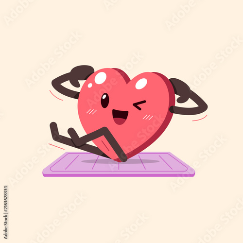 Cute heart character doing sit ups on yoga mat cartoon vector illustration