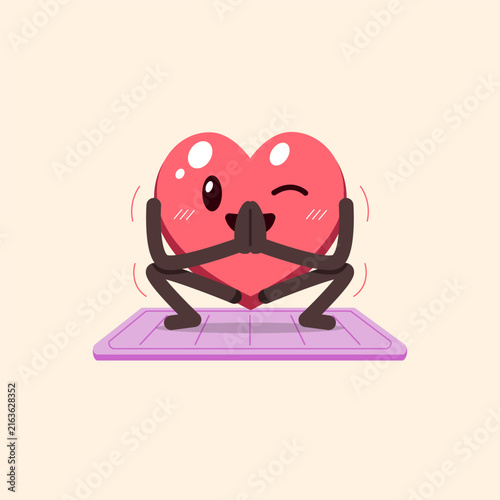 Cute heart character doing squat with prayer hands on yoga mat cartoon vector illustration
