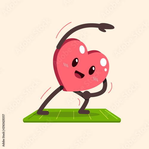 Cute heart character doing side stretch on yoga mat cartoon vector illustration