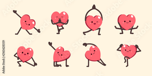 Cute heart character yoga pose set cartoon vector illustration