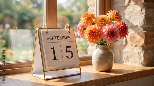 September 15 Desk Calendar and Autumn Flowers on Windowsill