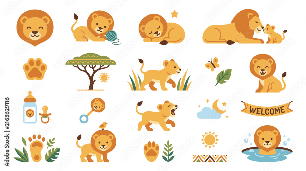 Obraz premium Cute Cartoon Lion and Cub Safari Baby Animals Flat Vector Illustration Set for Children's Design