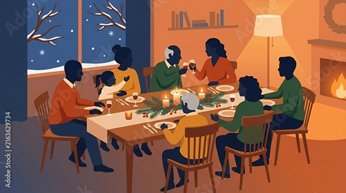 Family gathering for traditional dinner in warm festive room.