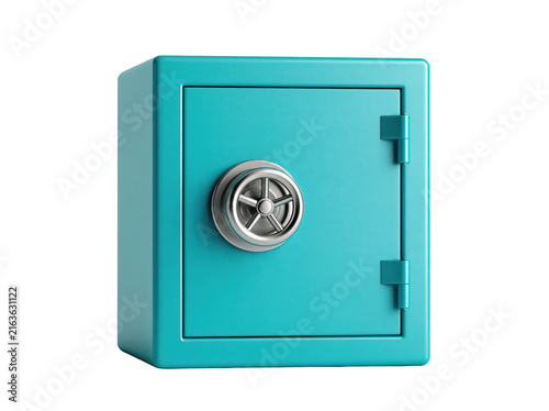 Small turquoise metal safe box for secure storage of valuables and personal documents