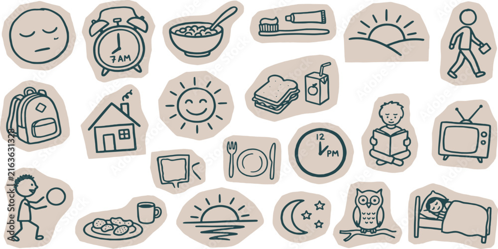 Fototapeta premium Collection of hand-drawn icons depicting a daily routine from waking up to sleeping, including breakfast, school, and evening activities.