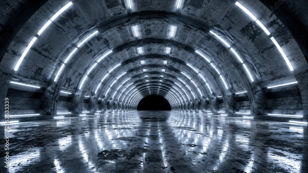 Naklejka premium Futuristic Dark Concrete Tunnel with Glowing Neon Lights and Wet Floor