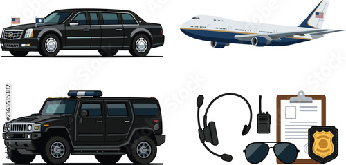 Fotografie Presidential Security Transport Vector Set Featuring Air Force One Airplane Limo