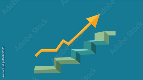 Ascending staircase with rising arrow growth concept in minimalist flat vector style for professional career advancement