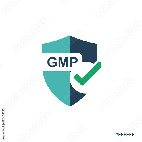 Modern shield logo with checkmark and gmp text for quality assurance with professionalism certification regulatory regulatory compliance clean