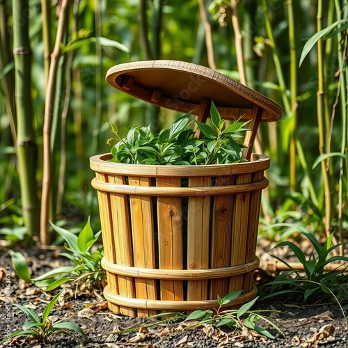 Organic waste container made from natural materials like bamboo, ecological awareness, kitchen decor