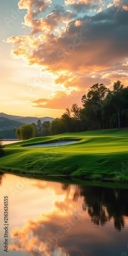 Lush green fairway stretches to serene lake's edge at sunset, fairway, lake